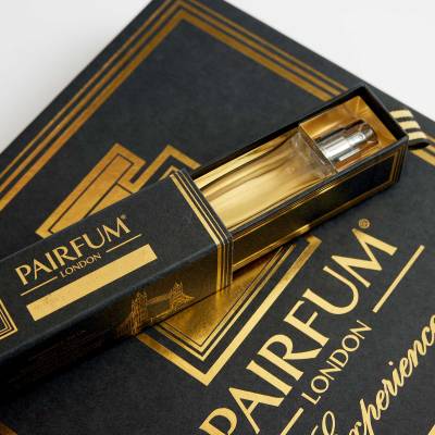 Pairfum London perfume packaging black and gold foil box open with product showing